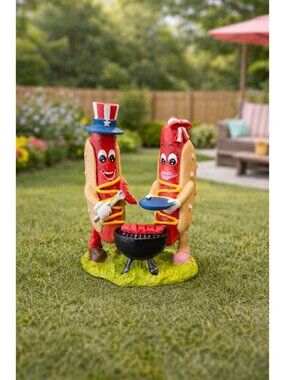 New Red Blue 4th of July Memorial Day Patriotic Hot Dog Couple Grilling Figurine